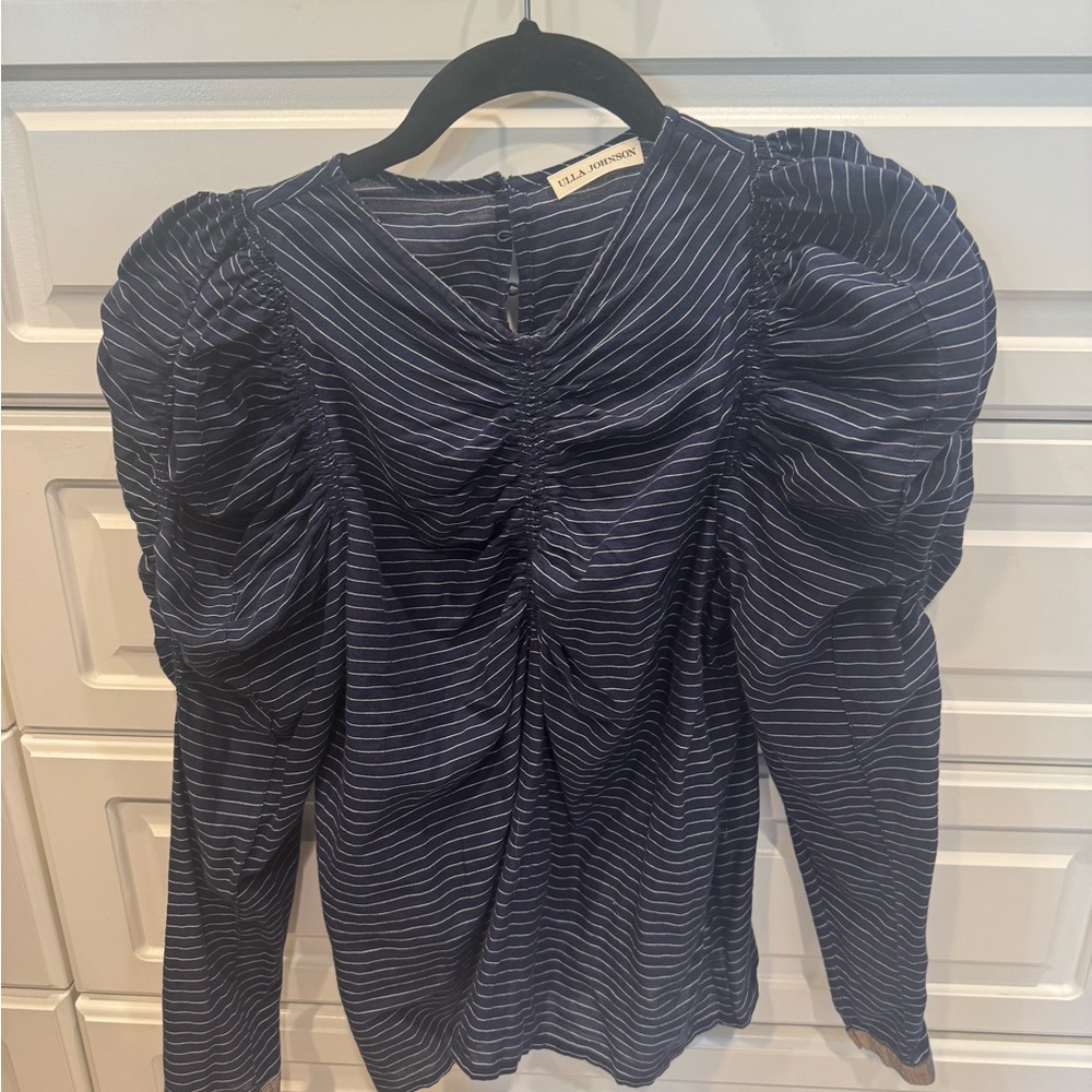 Ulla Johnson Blue and White Ruched Puff Sleeve Blouse
